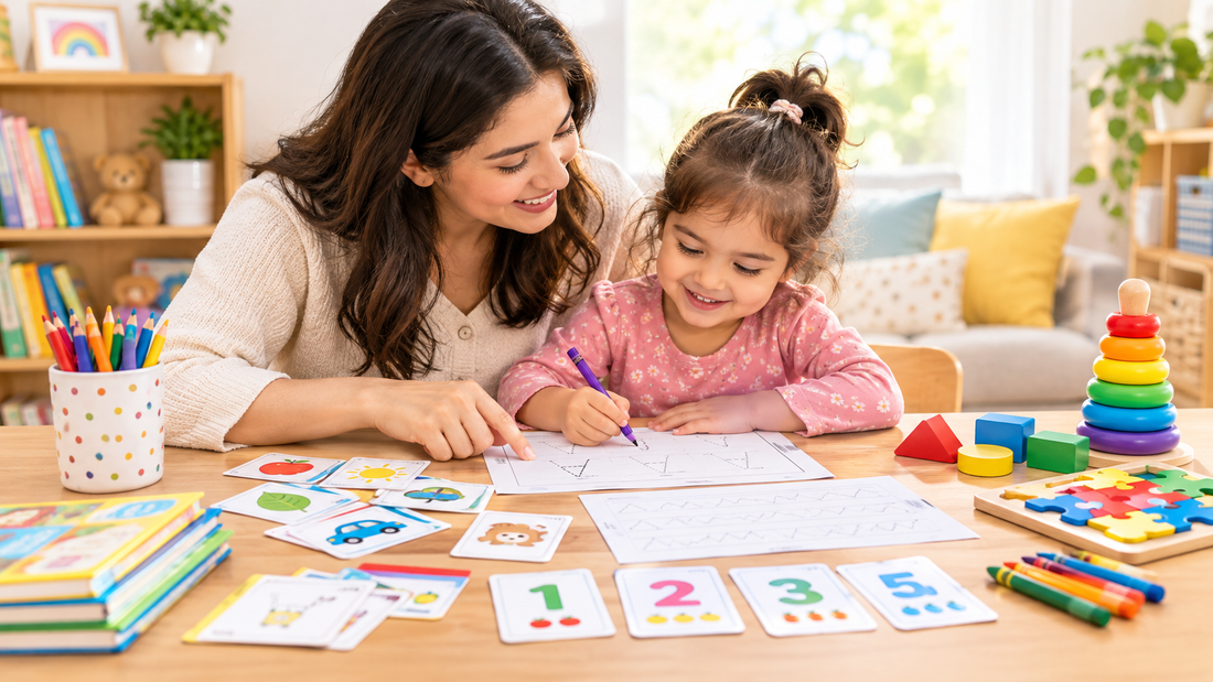 Mother helping preschool-aged daughter with a 20-minute learning activity at home, practicing tracing on worksheets with colorful educational materials, flashcards, puzzles, and counting cards on the table.