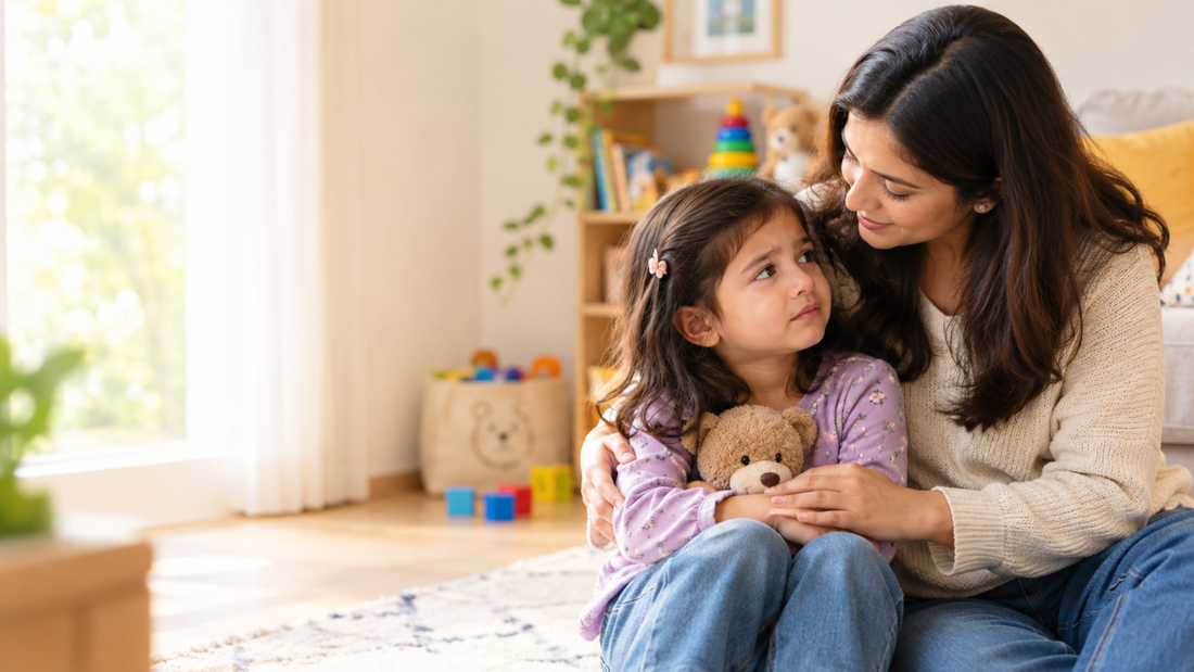 Parent helping young child understand emotions and emotional development
