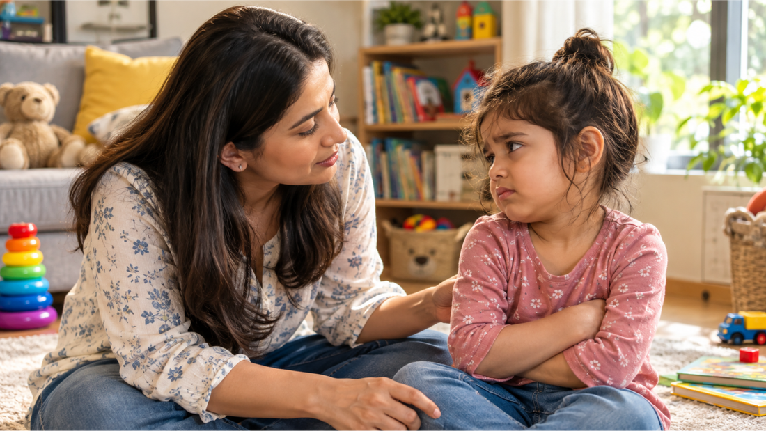 Mother calmly talking with her frustrated preschool-age child at home, showing positive communication and gentle parenting without shouting.