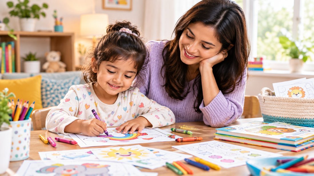 Mother and young daughter coloring printable worksheets together at home with crayons, enjoying a calm and creative screen-free learning activity.