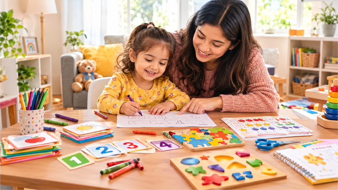 Parent helping young child practice kindergarten readiness skills with letters, numbers, and learning activities at home