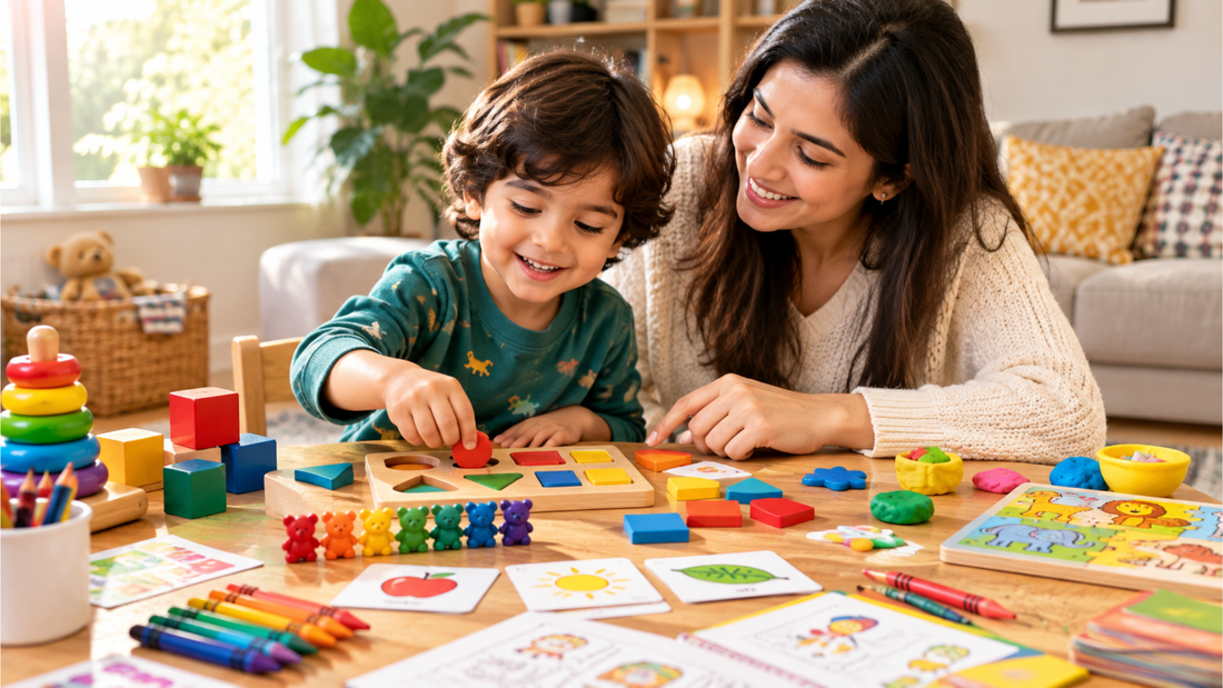 Parent and child enjoying hands-on visual learning activities with colorful educational materials at home