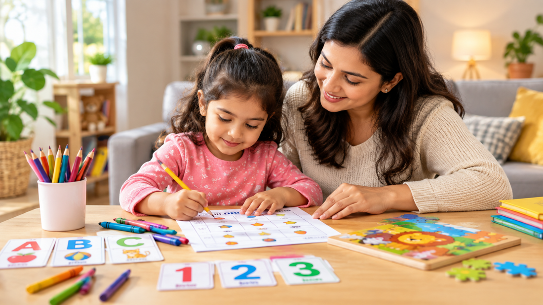Parent helping preschool child practice focus and attention with fun learning activities at home