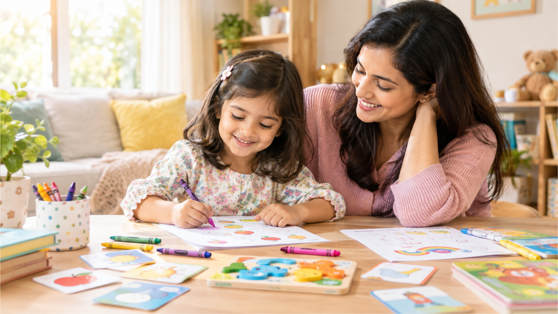 Parent encouraging a young child during a relaxed learning activity at home