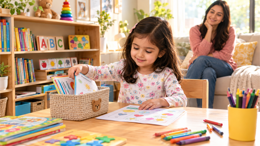 Child learning independently at home while parent provides gentle support