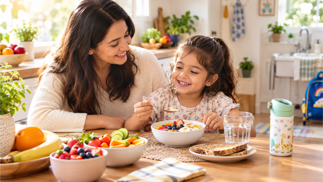 Happy preschool child enjoying a healthy breakfast with a parent, surrounded by fresh fruits and nutritious foods, representing healthy everyday habits that support children's immune health.