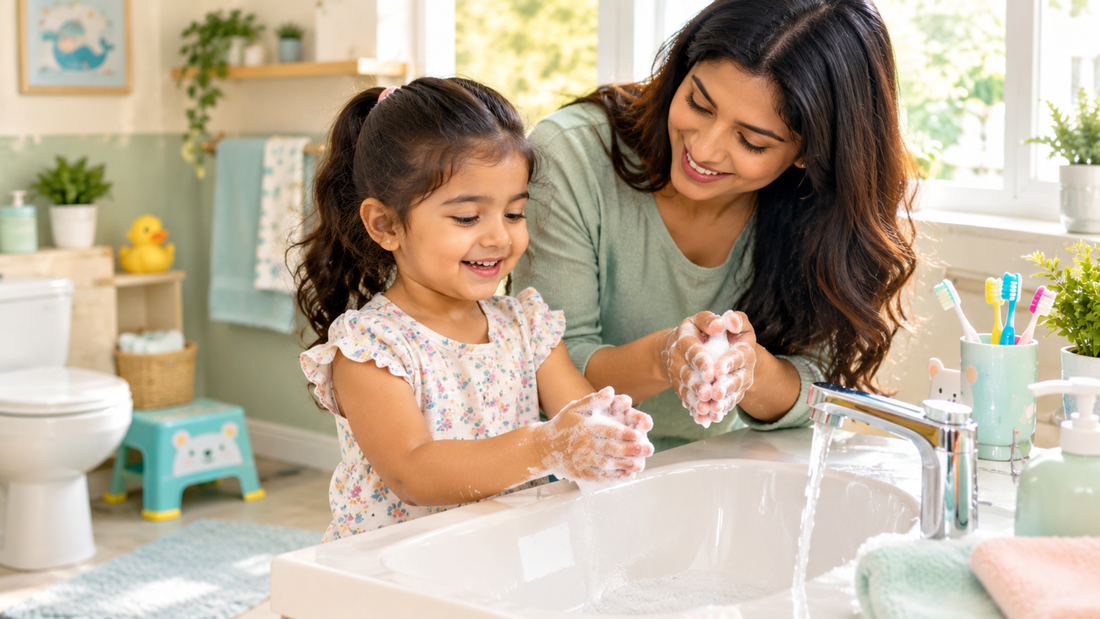 Mother teaching her preschool-aged child proper handwashing at a bathroom sink, making personal hygiene fun through everyday healthy habits.