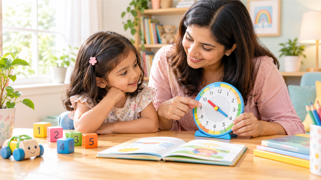 Parent helping a preschool child practice letter recognition with colorful alphabet cards at home.