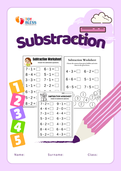 Subtraction Printable Worksheets (Ages 3-8)