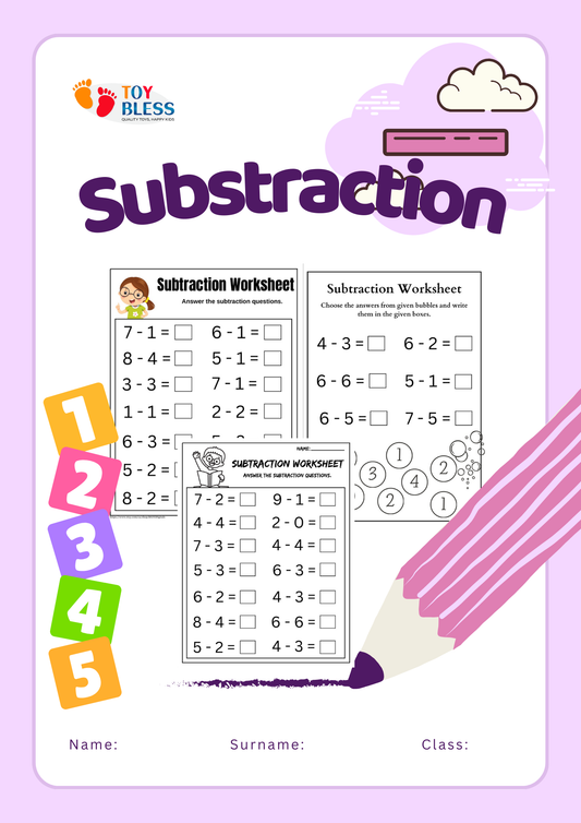 Subtraction Printable Worksheets (Ages 3-8)