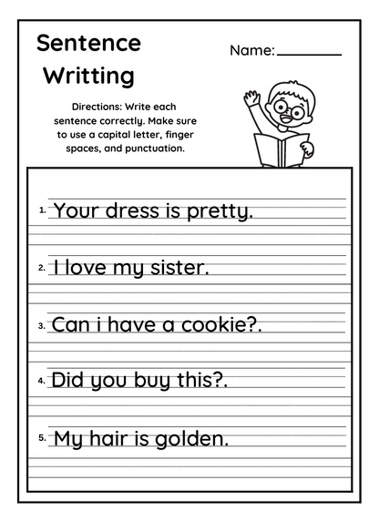 Sentence Writing Free Worksheets for Kids | Printable Beginner Practice Pack ✏️📚