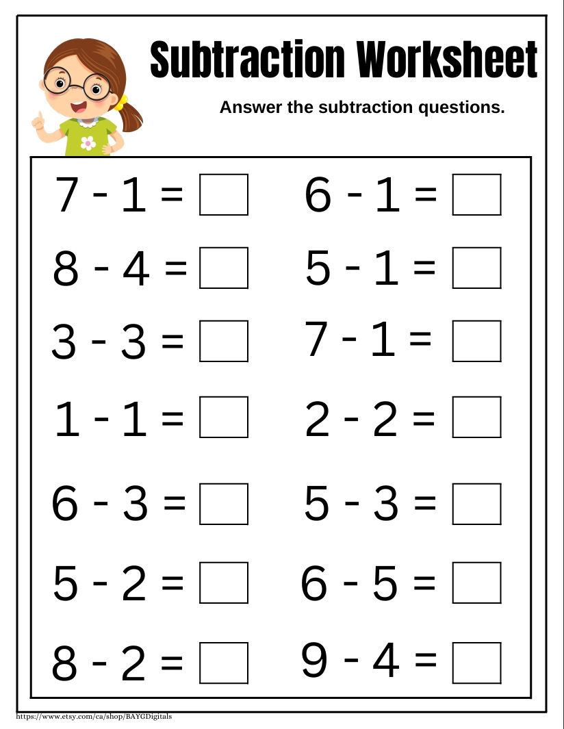 Subtraction Printable Worksheets (Ages 3-8)