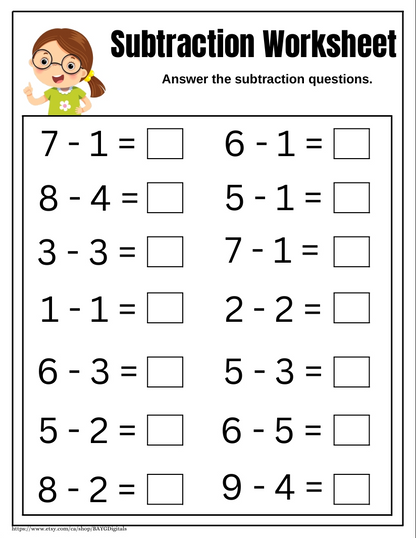 Subtraction Printable Worksheets (Ages 3-8)
