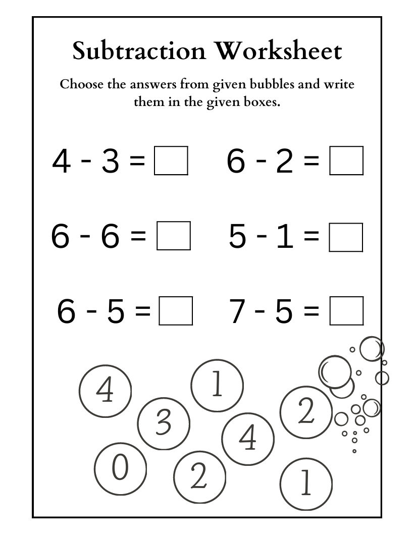 Subtraction Printable Worksheets (Ages 3-8)