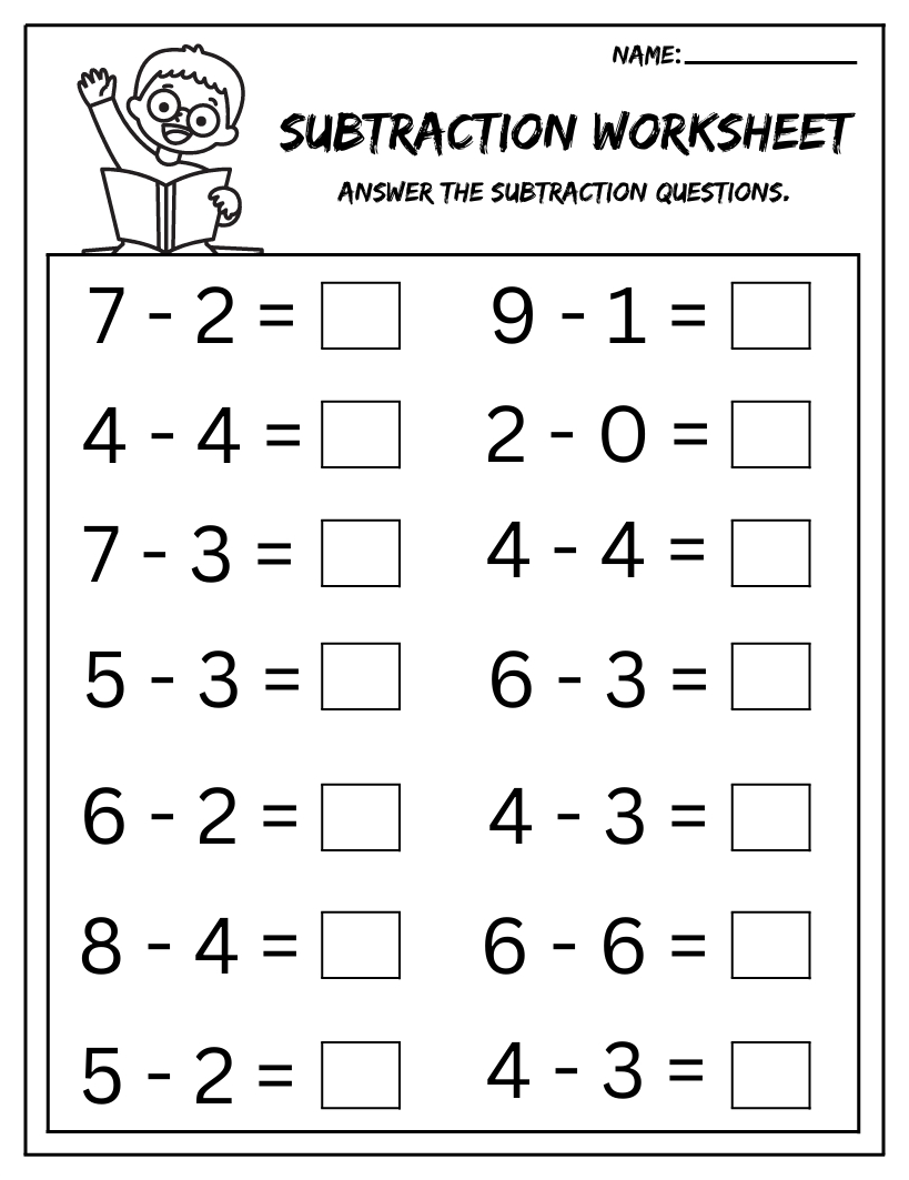 Subtraction Printable Worksheets (Ages 3-8)