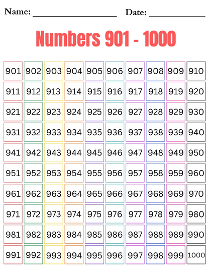 Number Chart Printable (1-1000) – Fun Learning for Kids (Ages 3-8)